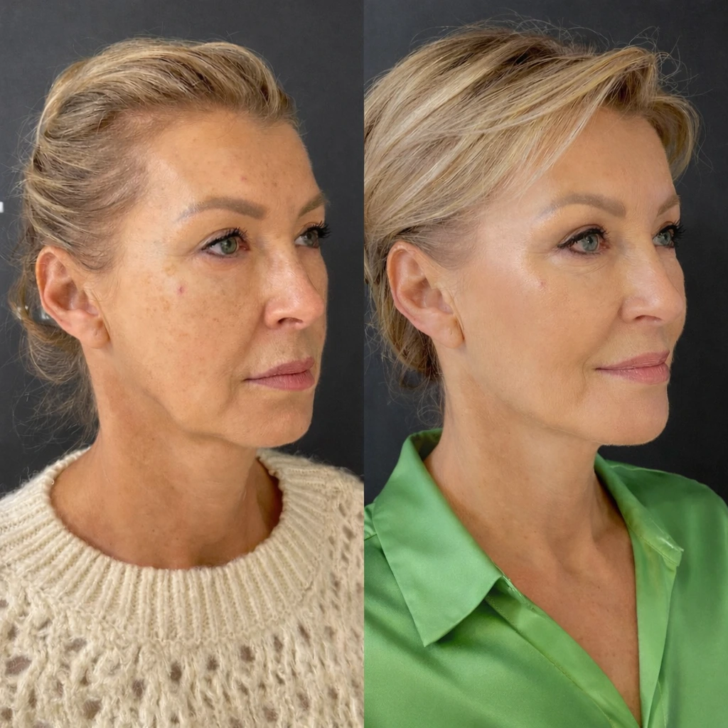 Antes e depois após 12 meses de uso: melhora na flacidez, linhas e bigode chinês, pele mais firme e viçosa