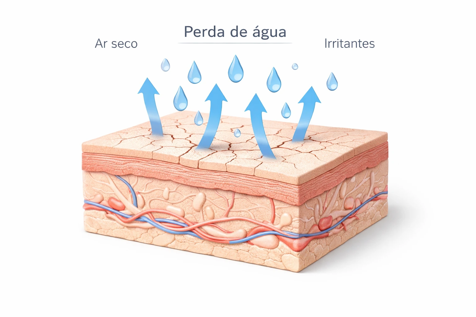 Ilustração da pele mostrando perda de água trans-epidérmica