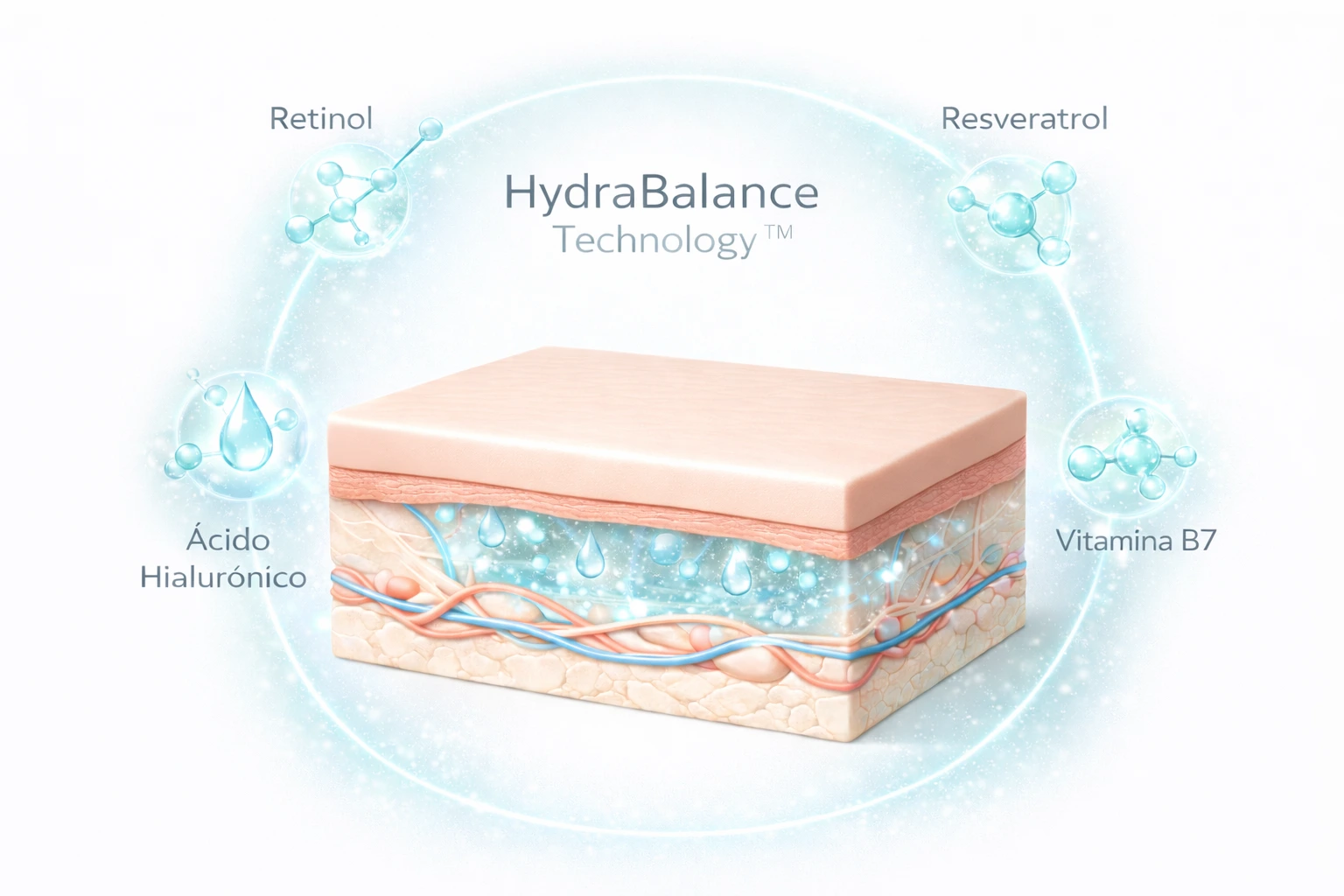 Diagrama HydraBalance Technology com ativos atuando para reter água e fortalecer a pele